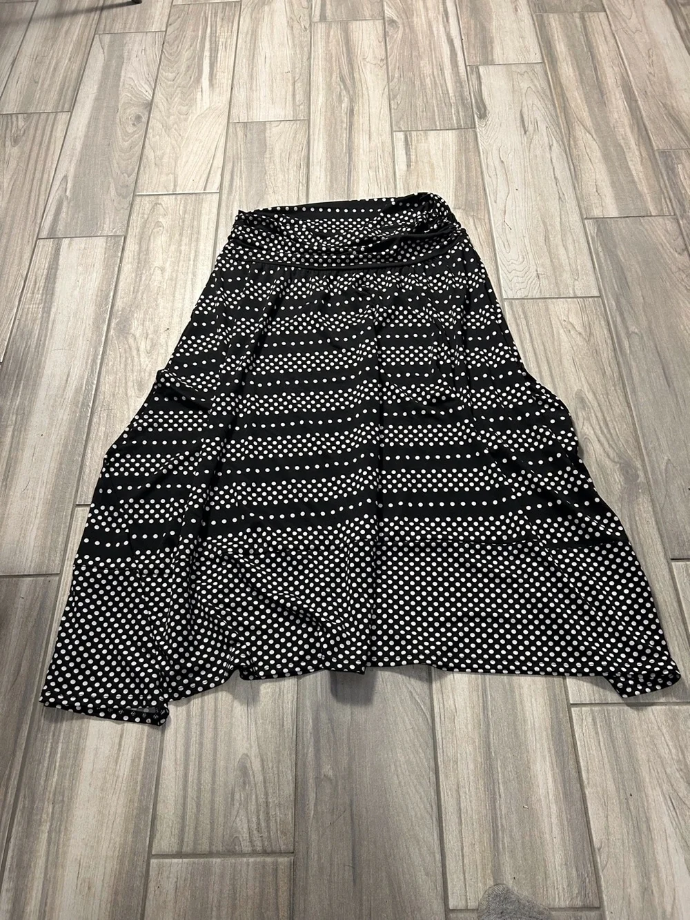 Black Flowy Skirt Patterned Polka Dot Print Elastic Ruched High Waist XL Gypsy